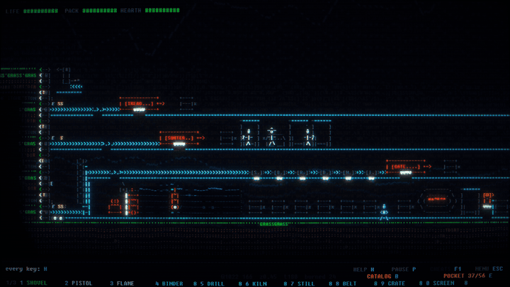 The whole game screen: the starting camp of a generated world, three decks of belts carrying letters past sorters and gates, colonists at work.