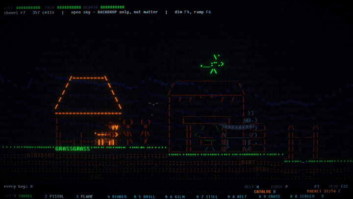 The whole game screen on a generated village: a hall with an orange roof, a workshop, a well, villagers walking between them and a bird on the roof.