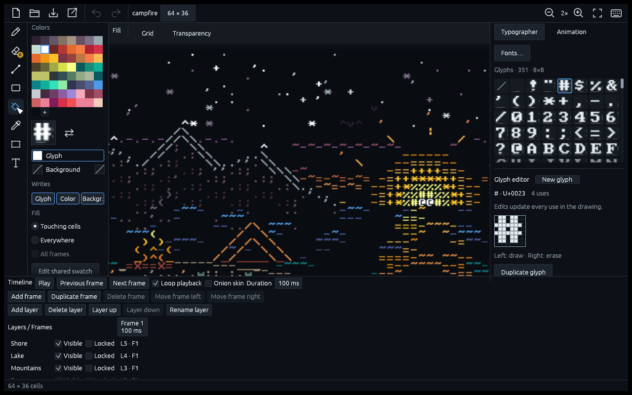 The Asciitect editor: the pencil is chosen, then a glyph and a color, and a wavy line is drawn in the sky of a sunset made of characters.
