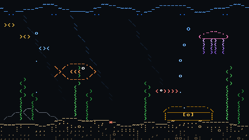 An aquarium drawn in characters: a big fish patrols back and forth, a school of small fish crosses, a jellyfish pulses, bubbles rise from a chest and the weed sways.