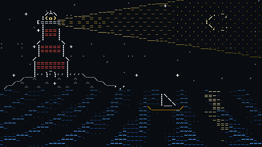 A lighthouse on its rock at night, drawn in characters: its beam sweeps from side to side and flashes, the sea rolls under the moon, a sailboat rocks and the surf breaks.