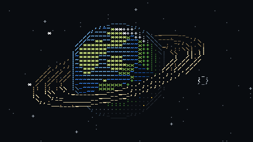 A ringed planet turning in space, shaded only by the density of its characters, its night side lit by cities, a moon passing in front of it and then behind.