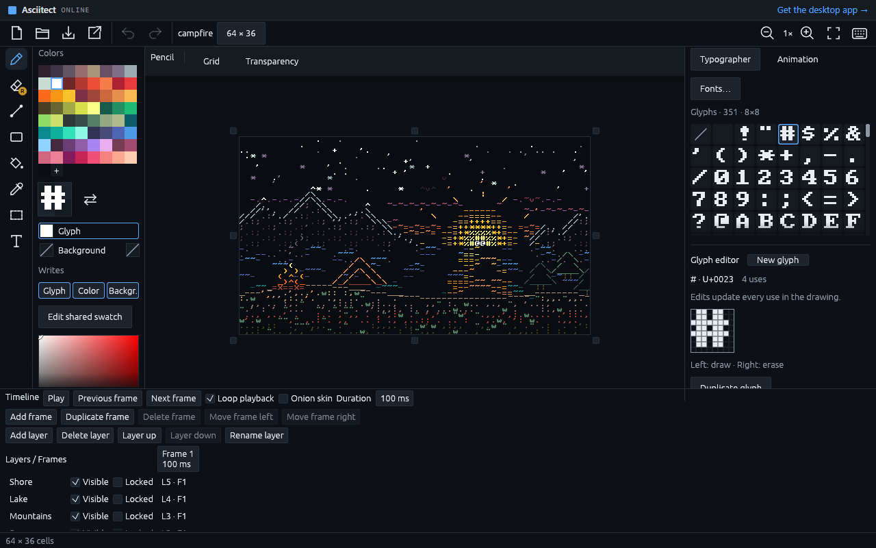 The Asciitect editor running in a browser, with a sunset campfire drawing open.