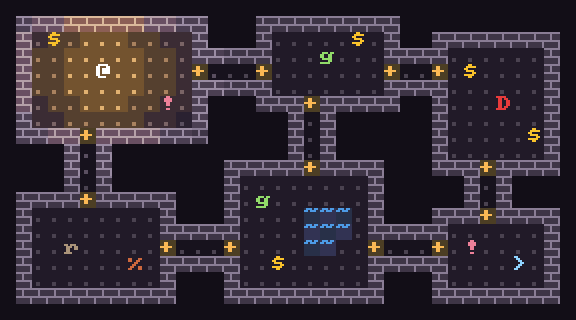 The same dungeon map, its walls now drawn as bricks.