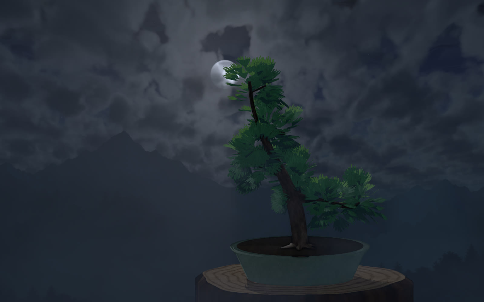 Le pin noir la nuit : silhouette vert sombre au tronc incliné, sous la lune.