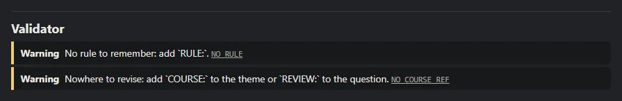 Two checker warnings: no rule to remember, nowhere to revise.