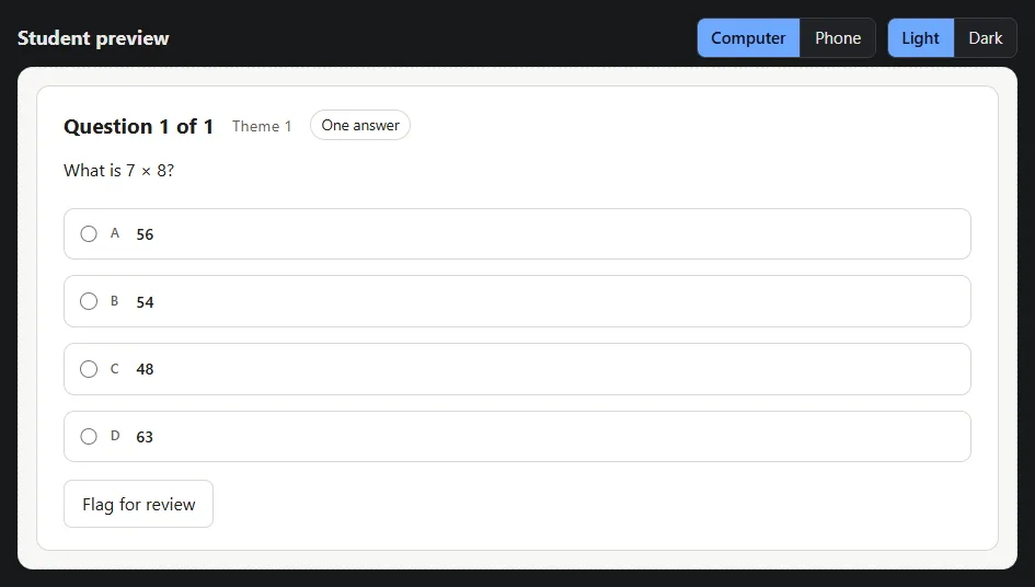 The student preview of the question, with its four answers to tick.