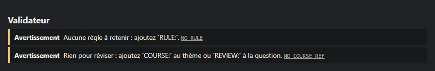 Deux avertissements du validateur : pas de règle à retenir, aucun endroit où réviser.