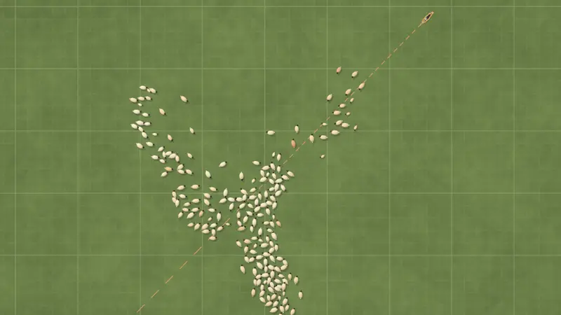 Vu du ciel, un chien pousse deux cents moutons à travers la prairie ; le troupeau s’étire en Y puis se referme, et la caméra le suit.