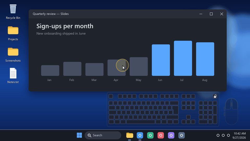 Presentation mode over a slide: Alt+R, Alt+F and Alt+C light up on the mini keyboard, the left click shows on the mouse and under the pointer halo, and a rectangle, an arrow and a circle are drawn then fade away.