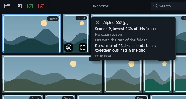 A photo card open over the grid: Alpine-002.jpg, score 4.9, lowest 36% of this folder, no clear reason, fits with the rest of the folder, and one of 28 similar shots taken together.