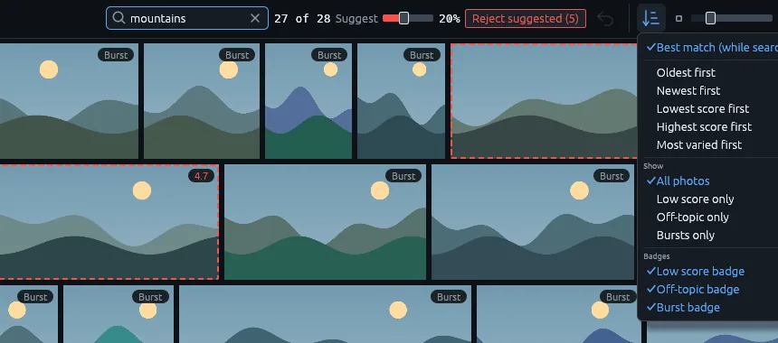 The search field holds the word mountains and the grid shows 27 of 28 photos. The order menu is open: Best match, Oldest first, Newest first, Lowest score first, Highest score first, Most varied first, then Show all photos, low scores only, off-topic only or bursts only, and the badges to show.
