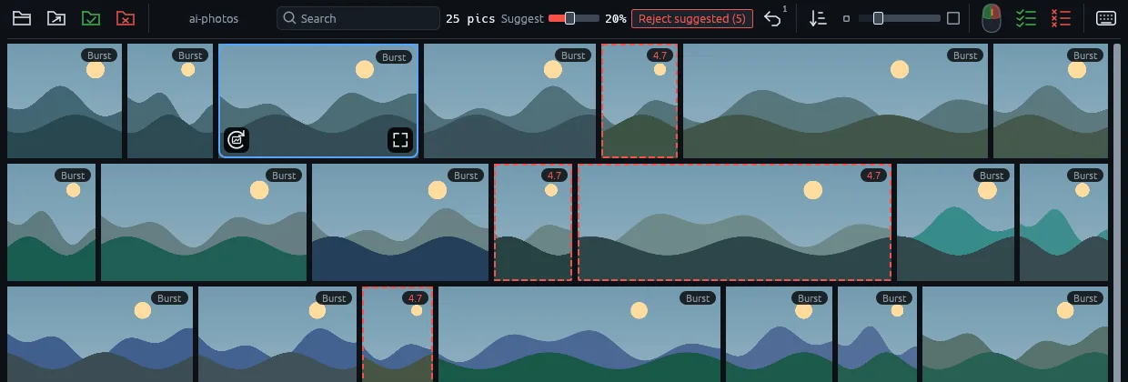 Sortypix AI on a folder of landscape photos. Five photos have a red dashed outline with their score, 4.7; most others carry a Burst badge. The toolbar shows the search field, Suggest 20% and a Reject suggested (5) button.