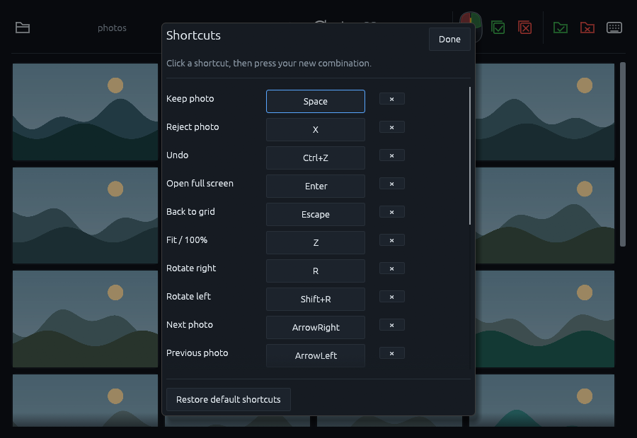 Sortypix shortcut editor with mouse and keyboard actions.