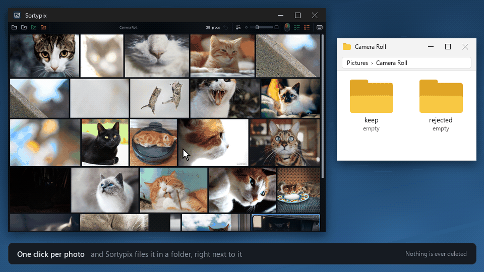 Sortypix sorting a folder of cat photos: a right click sends a portrait to the keep subfolder, a left click sends a blurry shot to the rejected subfolder, one Ctrl+click rejects three accidental photos at once, and Ctrl+Z brings all three back.