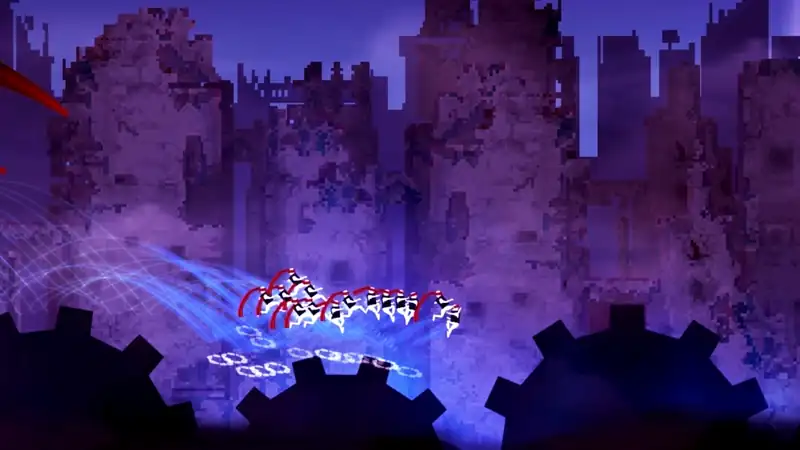 Dans une ville violette, une file de Me court au-dessus d’engrenages pendant qu’un canon tire une roquette.