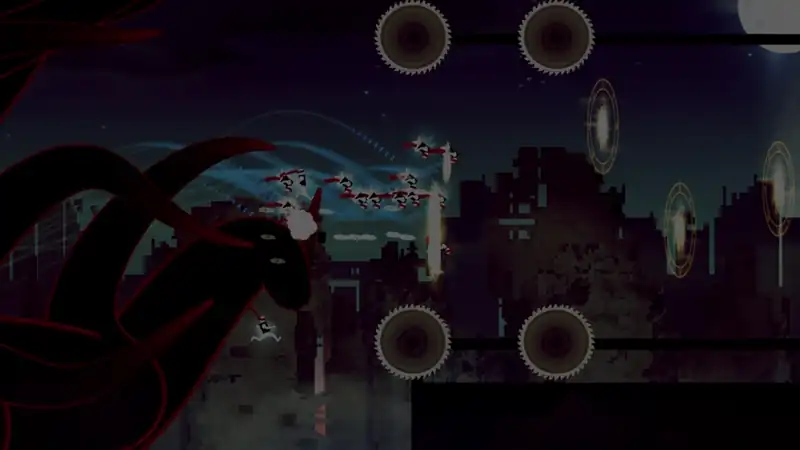 De nuit, des tentacules noires et rouges poursuivent les Me entre des rangées de mines rondes.