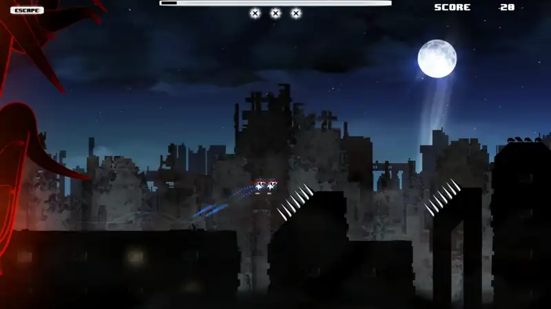 Dans une ville en ruine sous la lune, deux Me traversent une nuée d’anneaux dorés et repartent plus nombreux.