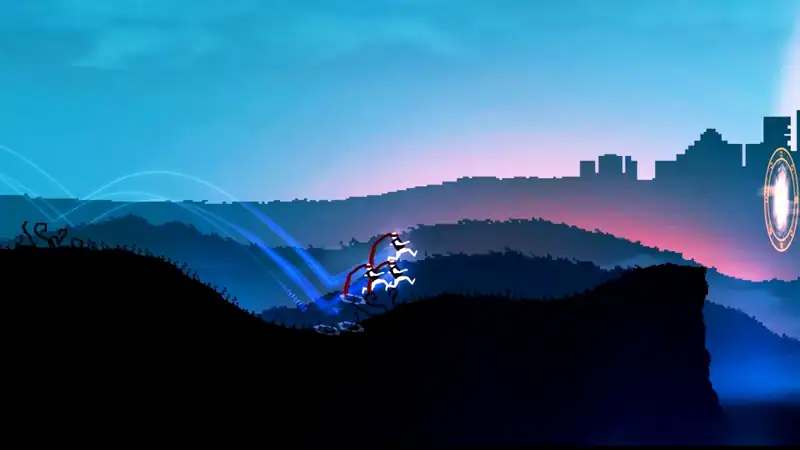 Au crépuscule, sur des collines bleues et roses, quelques Me sautent vers un anneau doré au-dessus de deux disques bleus.