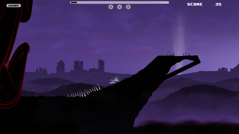 Sous un ciel violet, un Me gravit une longue pente noire qui surplombe la vallée.
